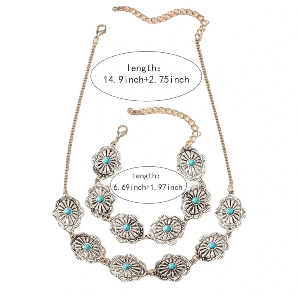 Boho Silver-Tone Turquoise Flower Necklace & Bracelet Set